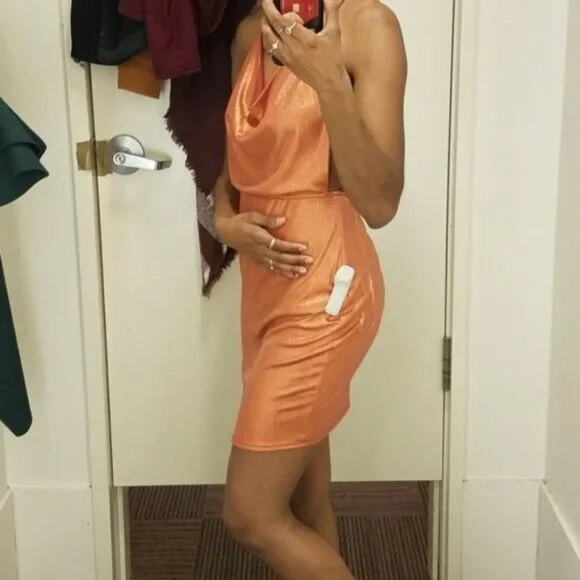 Y2K Copper Metallic Dress M Cowl Neck Mini Strappy Open Back Festival Going Out - Picture 5 of 9